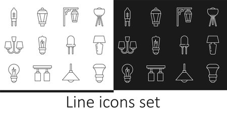 Set line LED light bulb, Table lamp, Vintage street, Light, Chandelier, emitting diode, and Garden icon. Vectorのイラスト素材