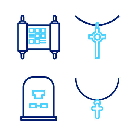 Set line Christian cross on chain, Tombstone with RIP written, and Decree, paper, parchment, scroll icon. Vectorのイラスト素材