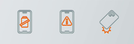 Set line Shockproof phone, Smartphone battery charge and Mobile with exclamation mark icon. Vectorのイラスト素材
