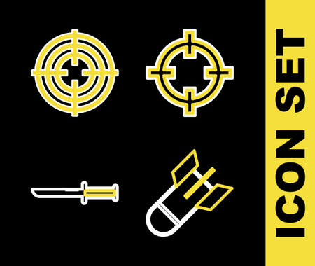 Set line Target sport, Aviation bomb, Military knife and icon. Vectorのイラスト素材