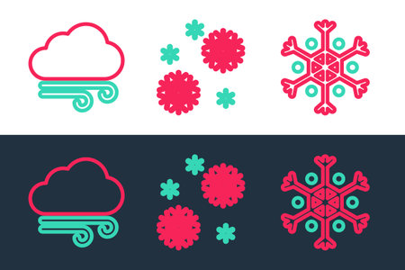 Set line Snowflake, Windy weather and icon. Vectorのイラスト素材