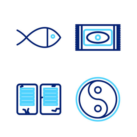Set line Yin Yang, The commandments, Traditional carpet and Christian fish icon. Vectorのイラスト素材