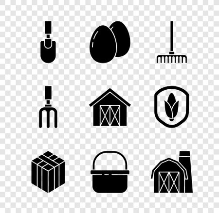 Set Garden trowel spade or shovel, Chicken egg, rake, Bale of hay, Basket, Farm house, and icon. Vectorのイラスト素材