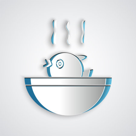 Paper cut Puffer fish soup icon isolated on grey background. Fugu fish japanese puffer fish. Paper art style. Vector.のイラスト素材