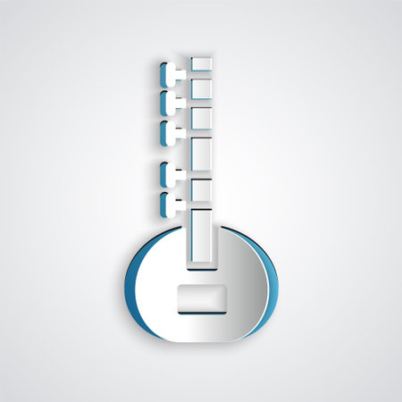 Paper cut Sitar classical music instrument icon isolated on grey background. Paper art style. Vectorのイラスト素材