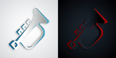 Paper cut Musical instrument trumpet icon isolated on grey and black background. Paper art style. Vectorのイラスト素材