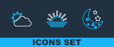Set line Moon and stars, Sun cloud weather and Sunset icon. Vectorのイラスト素材