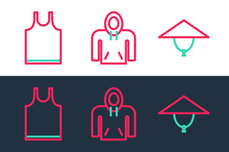 Set line Asian conical hat, Sleeveless T-shirt and Hoodie icon. Vectorのイラスト素材