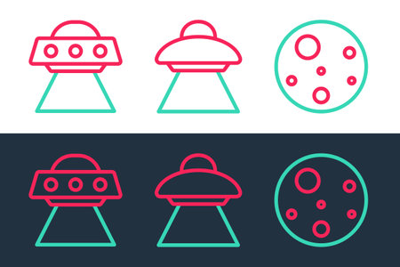 Set line Planet Mars, UFO flying spaceship and icon. Vectorのイラスト素材