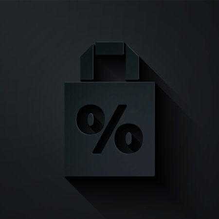 Paper cut Shoping bag with an inscription percent discount icon isolated on black background. Handbag sign. Paper art style. Vector Illustrationのイラスト素材