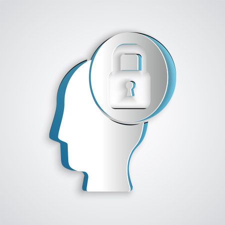 Paper cut Human head with lock icon isolated on grey background. Paper art style. Vectorのイラスト素材