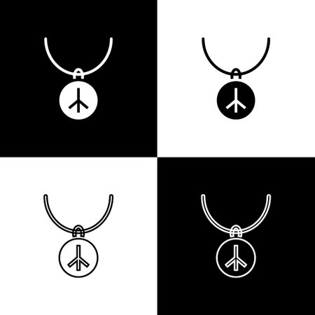 Set Necklace with peace symbol icon isolated on black and white background. Hippie symbol of peace. Vectorのイラスト素材