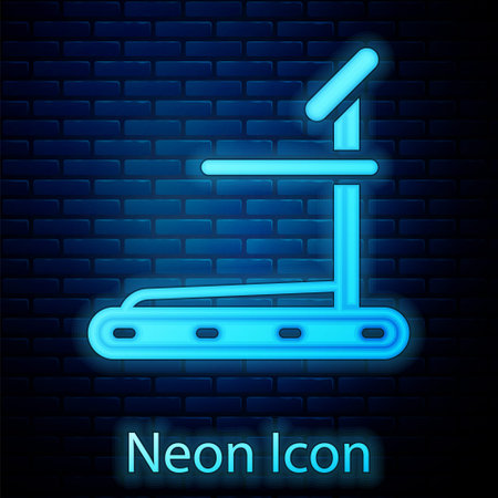Glowing neon Treadmill machine icon isolated on brick wall background. Vectorのイラスト素材