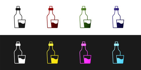 Set Soju bottle icon isolated on black and white background. Korean rice vodka. Vectorのイラスト素材