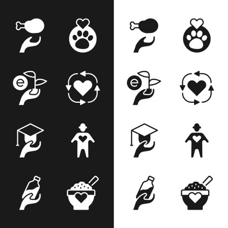 Set Volunteer, Leaf in hand, Donation food, Heart with animals footprint, Education grant, and water icon. Vectorのイラスト素材