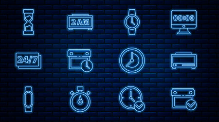 Set line Calendar with check mark, Digital alarm clock, Wrist watch, and, Clock 24 hours, Old hourglass, and icon. Vectorのイラスト素材