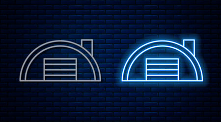 Glowing neon line Warehouse icon isolated on brick wall background. Vectorのイラスト素材