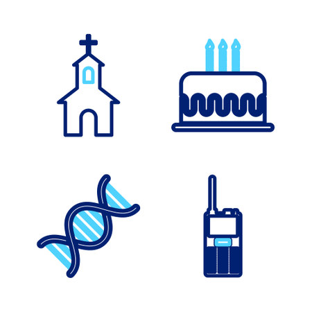 Set line Walkie talkie, DNA symbol, Cake with burning candles and Church building icon. Vectorのイラスト素材