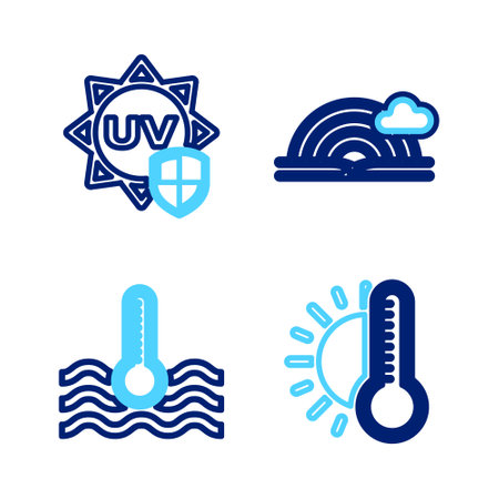 Set line Thermometer with sun, Water thermometer, Rainbow cloud and UV protection icon. Vectorのイラスト素材