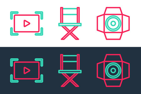 Set line Movie spotlight, Online play video and Director movie chair icon. Vectorのイラスト素材