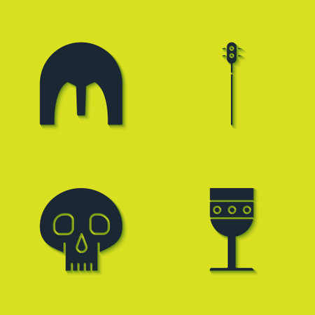 Set Medieval iron helmet, goblet, Skull and chained mace ball icon. Vectorのイラスト素材