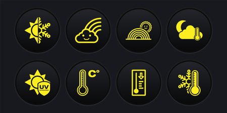 Set UV protection, Thermometer and cloud, moon, Meteorology thermometer, Rainbow with sun, snowflake and Sun icon. Vectorのイラスト素材