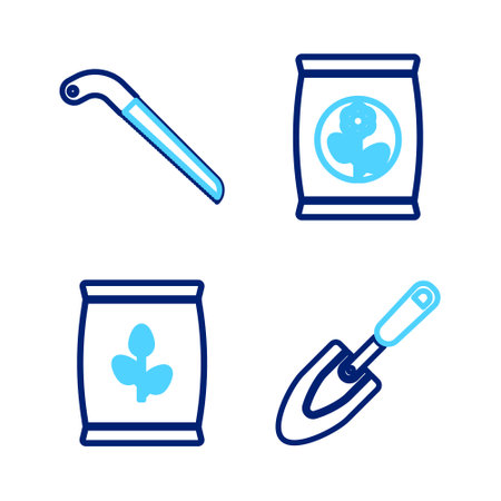 Set line Garden trowel spade or shovel, Sickle, Fertilizer bag and icon. Vectorのイラスト素材