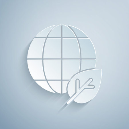 Paper cut Earth globe and leaf icon isolated on grey background. World or Earth sign. Geometric shapes. Environmental concept. Paper art style. Vectorのイラスト素材