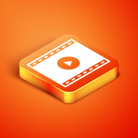 Isometric Online play video icon isolated on orange background. Film strip with play sign. Vectorのイラスト素材