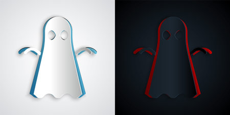Paper cut Ghost icon isolated on grey and black background. Happy Halloween party. Paper art style. Vectorのイラスト素材