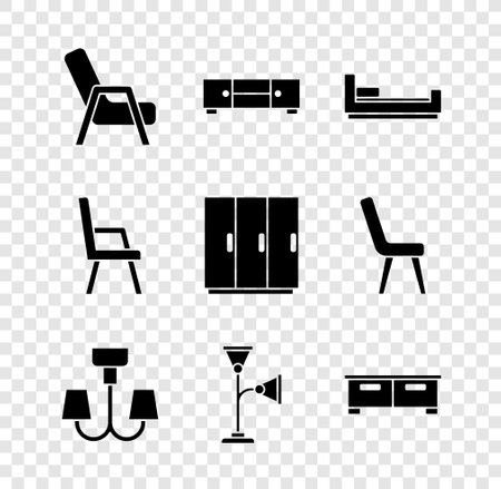 Set Armchair, Chest of drawers, Bed, Chandelier, Floor lamp, and Wardrobe icon. Vectorのイラスト素材