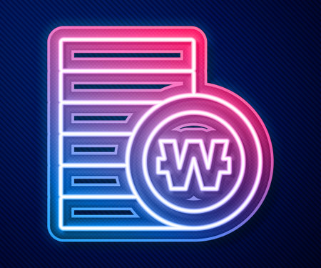 Glowing neon line South Korean won coin icon isolated on blue background. South Korea currency business, payment and finance. Vectorのイラスト素材