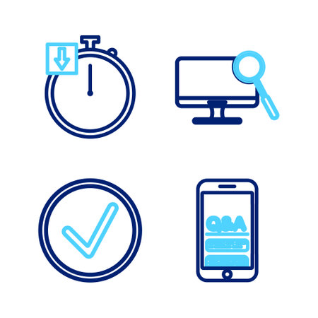 Set line Mobile Question and Exclamation, Check mark in circle, Computer monitor diagnostics and Stopwatch icon. Vectorのイラスト素材