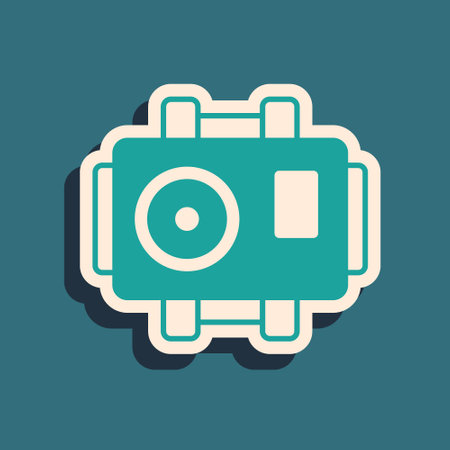Green Photo camera for diver icon isolated on green background. Foto camera icon. Diving underwater equipment. Long shadow style. Vectorのイラスト素材