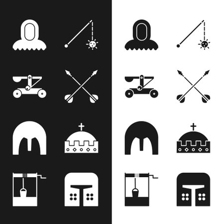 Set Medieval crossed arrows, Catapult shooting stones, hood, chained mace ball, iron helmet, King crown, and Well with bucket icon. Vectorのイラスト素材