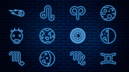 Set line Gemini zodiac, Eclipse of the sun, Aries, Planet Earth, Ox, Comet falling down fast, Astrology horoscope circle and Leo icon. Vectorのイラスト素材