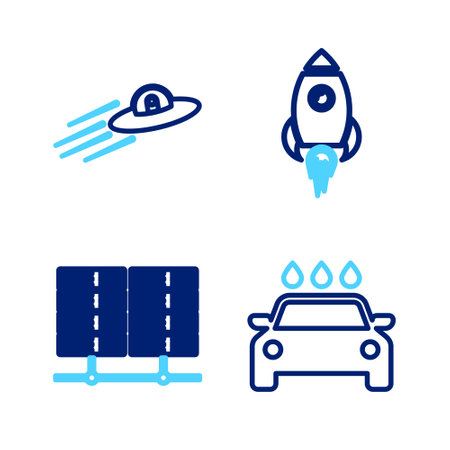 Set line Car wash, Server, Data, Web Hosting, Rocket ship with fire and UFO flying spaceship and alien icon. Vectorのイラスト素材