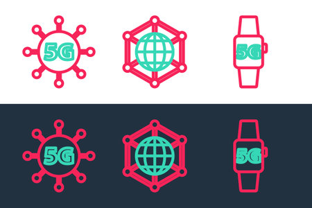Set line Smart watch 5G network, and Social icon. Vectorのイラスト素材