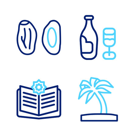 Set line Tropical palm tree, Holy book of Koran, Wine bottle with glass and Date fruit icon. Vectorのイラスト素材
