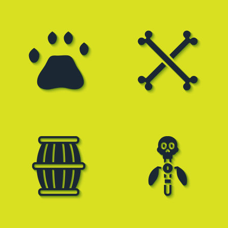 Set Bear paw footprint, Magic staff, Gun powder barrel and Crossed human bones icon. Vectorのイラスト素材