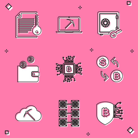 Set Smart contract, Mining with laptop and pickaxe, Proof of stake, Cryptocurrency wallet, CPU mining farm and exchange icon. Vectorのイラスト素材