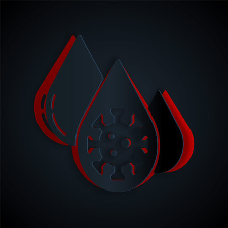 Paper cut Blood test and virus molecule coronavirus icon isolated on black background. Coronavirus, COVID-19. 2019-nCoV. Paper art style. Vector.のイラスト素材