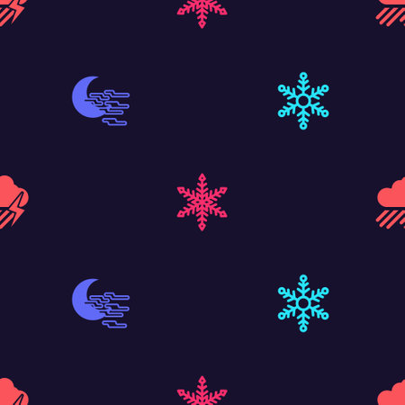 Set Snowflake, Fog and moon, and Cloud with rain lightning on seamless pattern. Vector