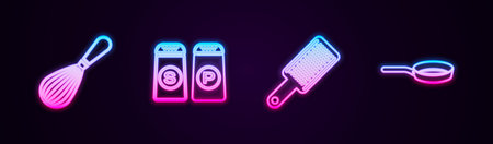 Set line Kitchen whisk, Salt and pepper, Grater and Frying pan. Glowing neon icon. Vectorのイラスト素材
