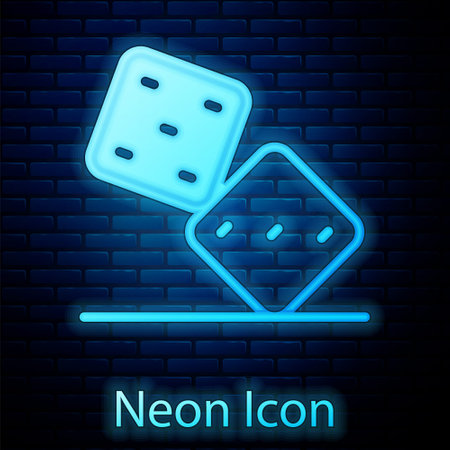 Glowing neon Game dice icon isolated on brick wall background. Casino gambling. Vectorのイラスト素材
