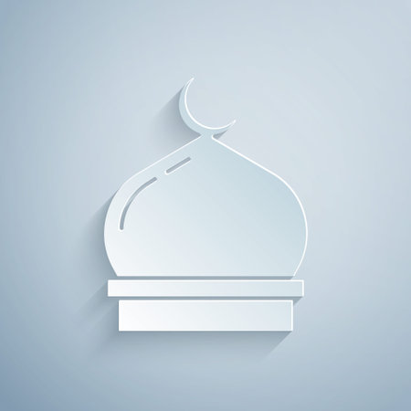 Paper cut Muslim Mosque icon isolated on grey background. Paper art style. Vectorのイラスト素材