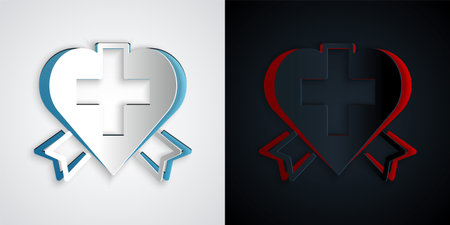 Paper cut Heart with a cross icon isolated on grey and black background. First aid. Healthcare, medical and pharmacy sign. Paper art style. Vectorのイラスト素材