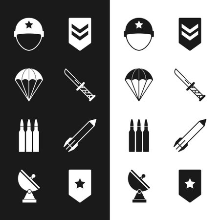 Set Military knife, Parachute, helmet, Chevron, Bullet, Rocket, and Radar icon. Vectorのイラスト素材