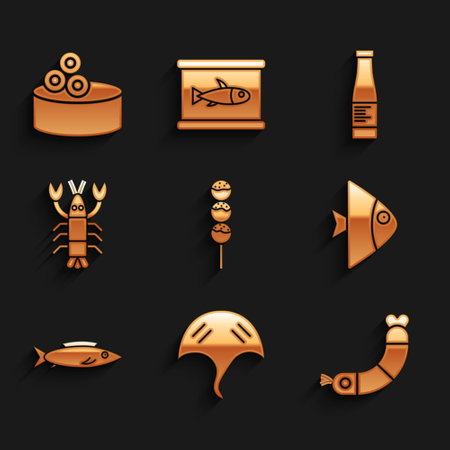 Set Takoyaki on a stick, Stingray, Shrimp, Fish, Lobster, Sauce bottle and Tin can with caviar icon. Vectorのイラスト素材
