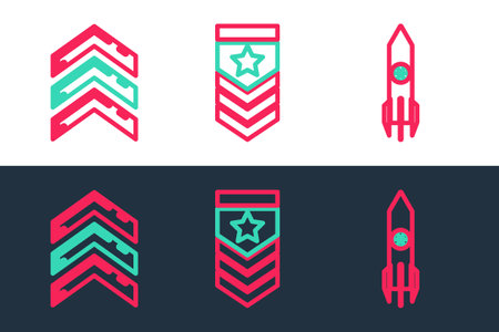 Set line Nuclear rocket, Military rank and Chevron icon. Vectorのイラスト素材